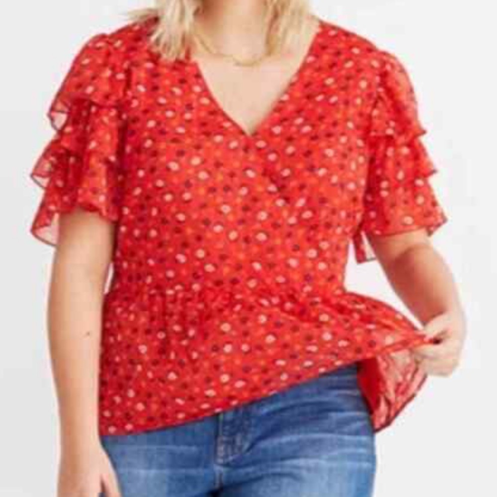 Madewell Red Floral Surplice Wrap Top Blouse 4 Peplum Tiered Sleeve